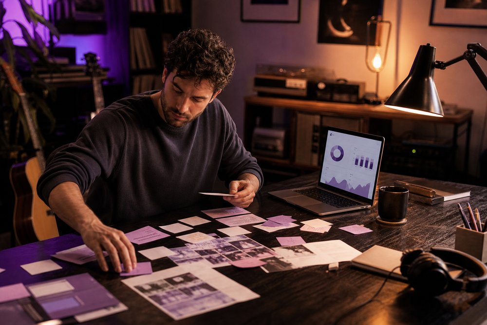 A marketing strategist arranging campaign planning notes around a laptop with abstract performance charts
