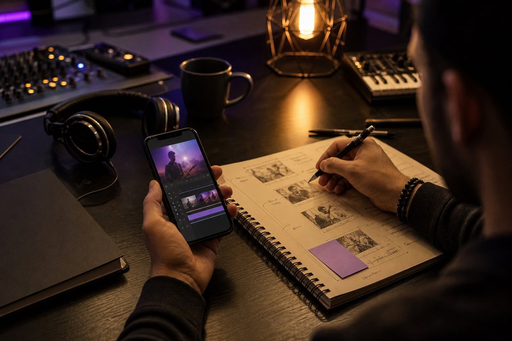 A smartphone showing a polished promotional video layout beside an ad campaign planning notebook