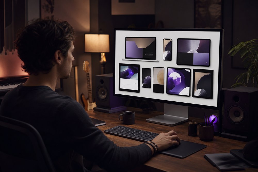 A desktop workstation displaying a collage of abstract digital ad placements across desktop tablet and mobile screens