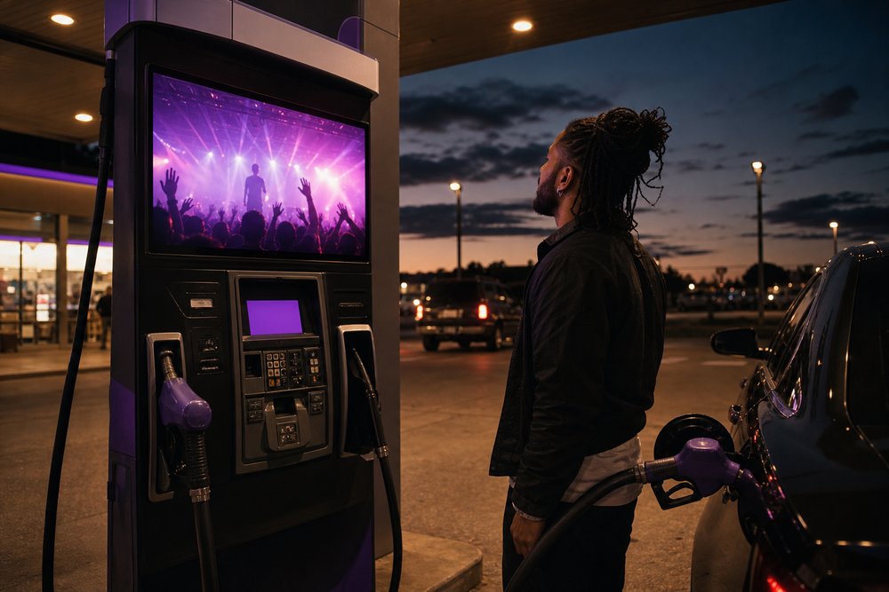 A modern gas station pump at dusk with a bright built-in video advertising screen showing a colorful concert visual