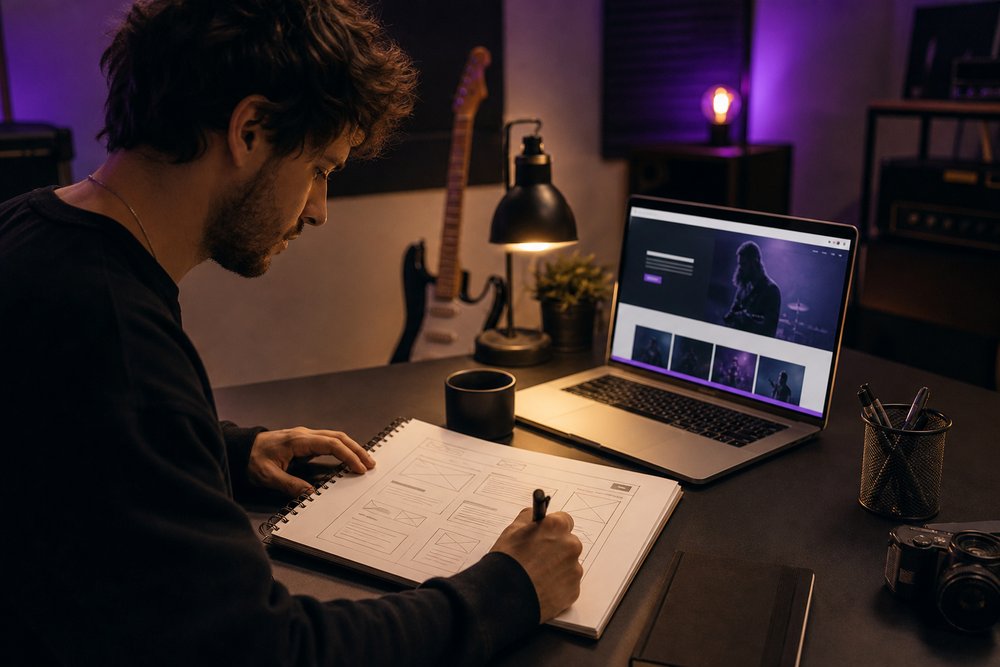 A designer sketching a focused landing page wireframe beside a laptop showing a single campaign webpage