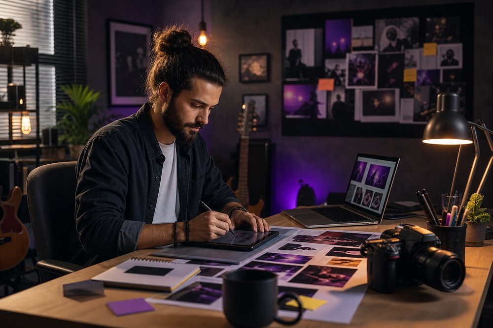 A content creator composing social posts at a desk with a camera, moodboard and colorful promotional layouts