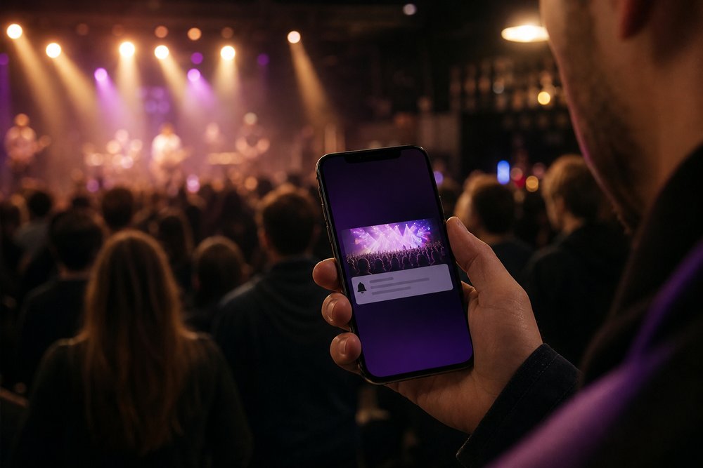Close-up of a smartphone with a concert announcement notification held above a lively out-of-focus concert audience