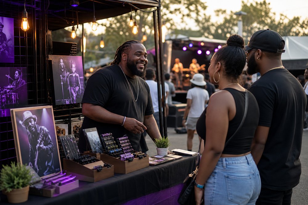 A lively outdoor music event vendor booth with a Black small business owner greeting visitors beside neatly displayed products