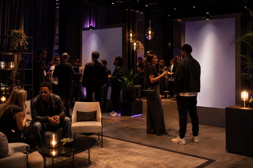 An elegant sponsor activation lounge at a music event with unbranded display panels and attendees networking