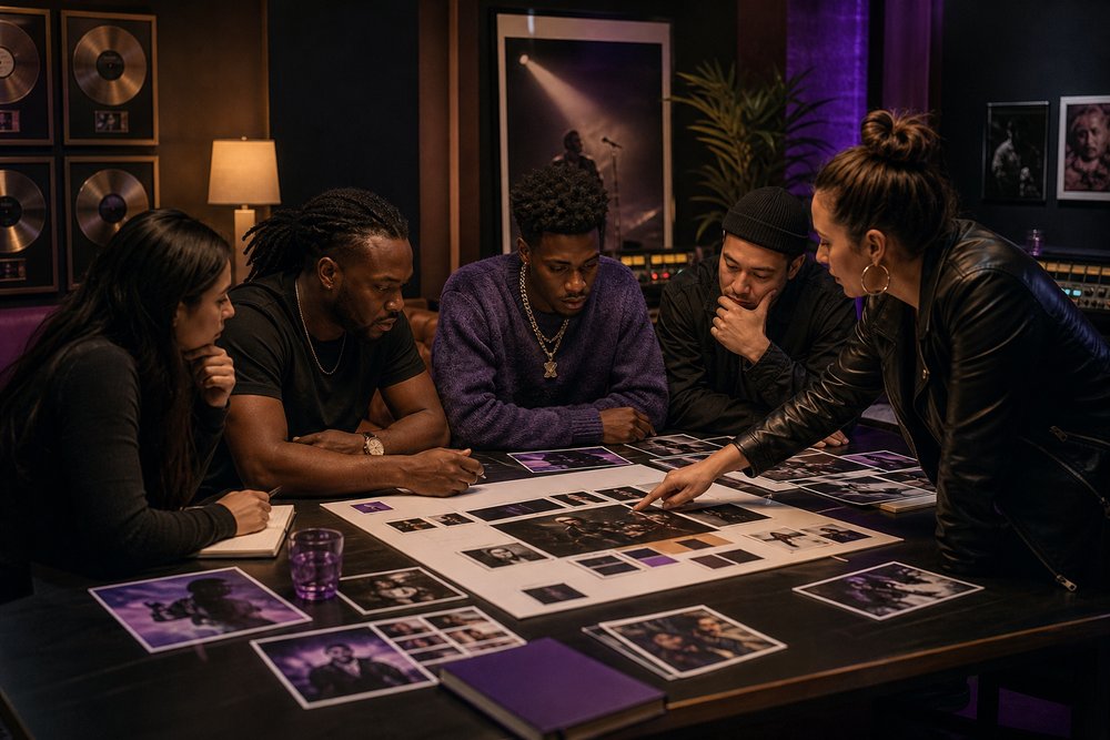 A record label team and Black independent artist planning an album rollout around a studio table with creative boards