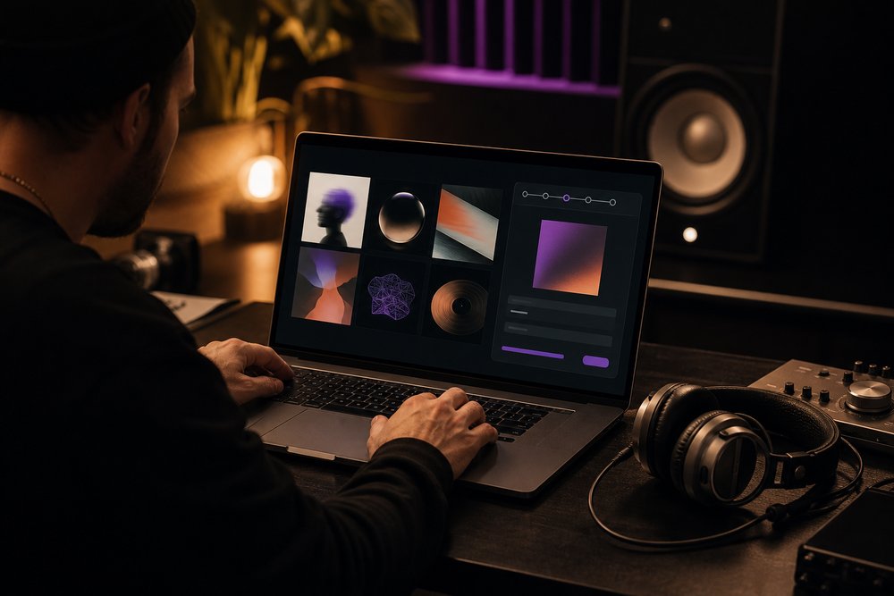 Laptop showing abstract album artwork tiles and a release upload interface next to studio headphones