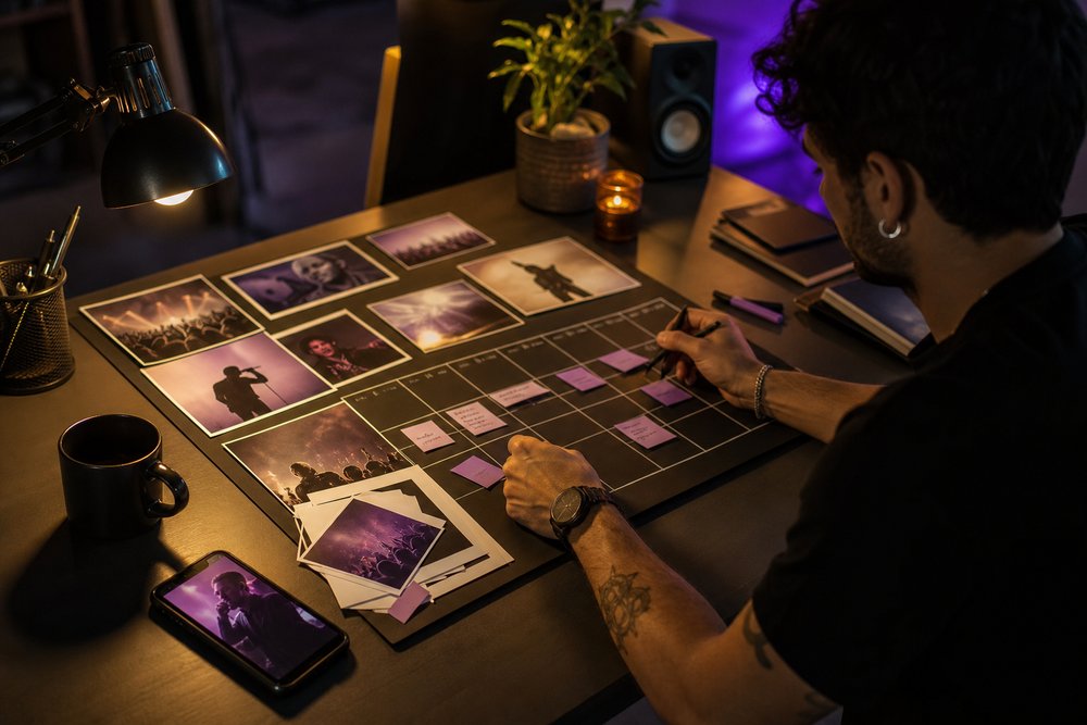 A creative music marketing moodboard with concert photos, a smartphone and an album campaign calendar