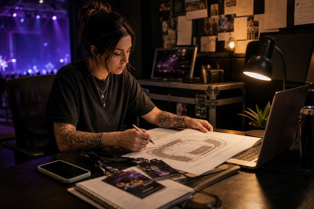 A talent booking coordinator reviewing a venue stage plan beside a phone and concert passes