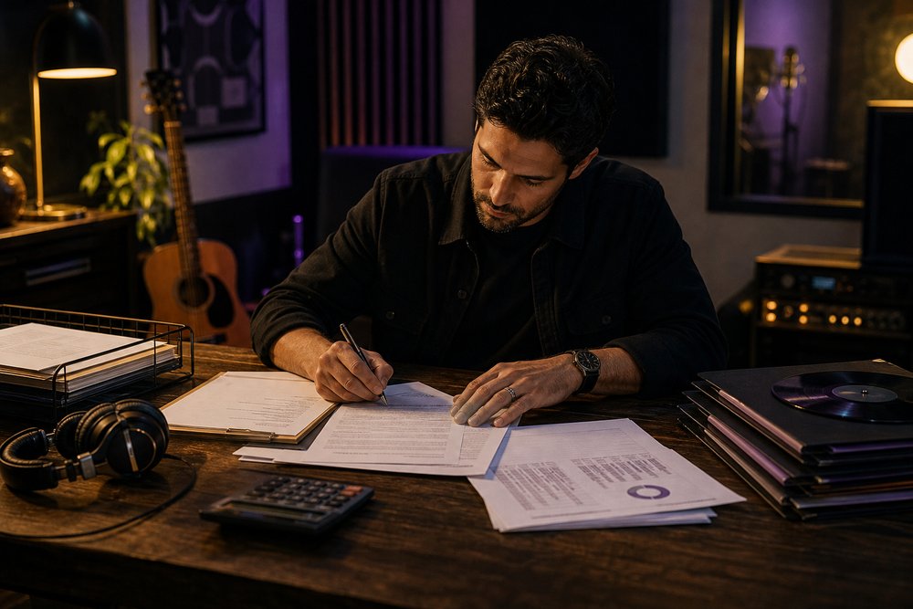 Carefully organized music royalty paperwork with a pen, calculator, headphones and release folders on a desk