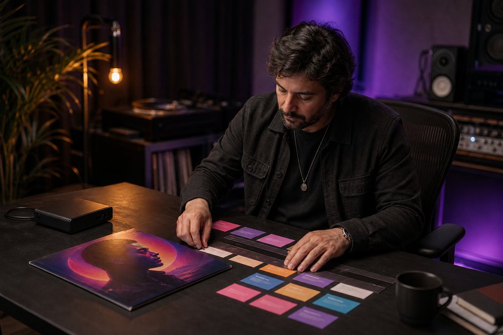 A release manager organizing colorful timeline cards and an album artwork print beside an audio hard drive