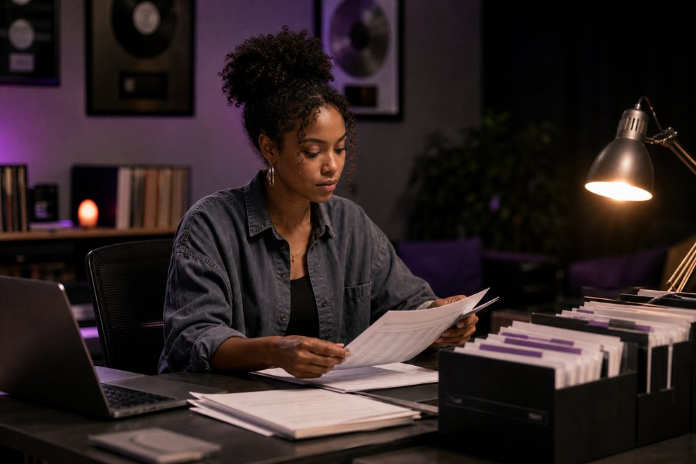 A music catalog administrator sorting track credit sheets and labeled digital archive folders beside a laptop