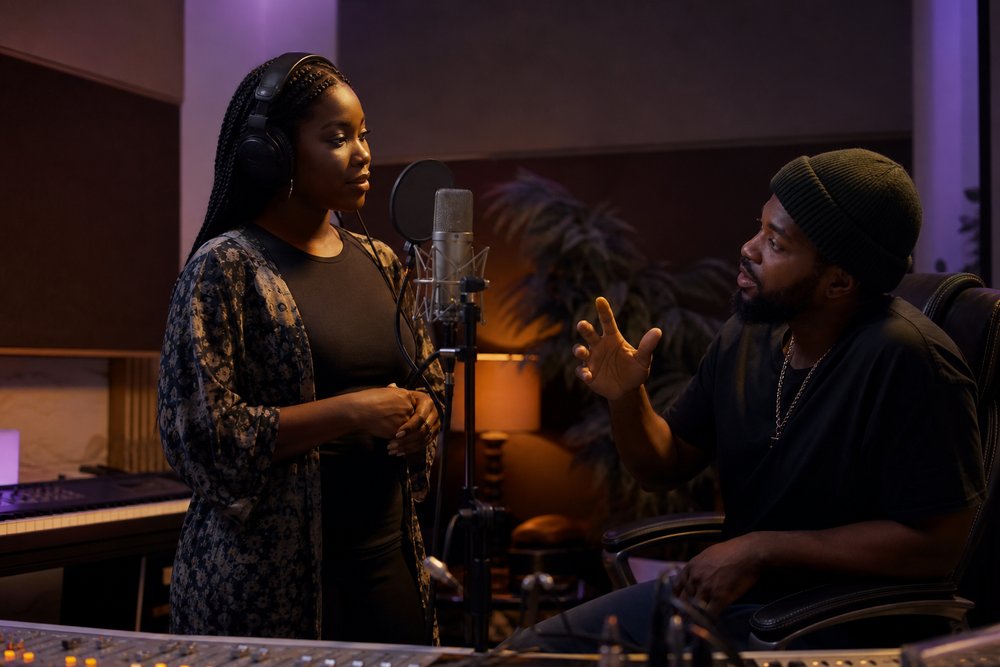 A Black female vocal artist receiving thoughtful coaching from a producer beside a studio microphone