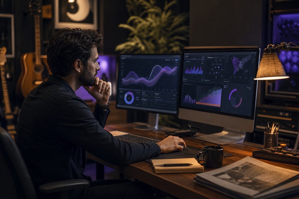 A music analyst studying an abstract streaming performance graph and campaign reports on dual monitors