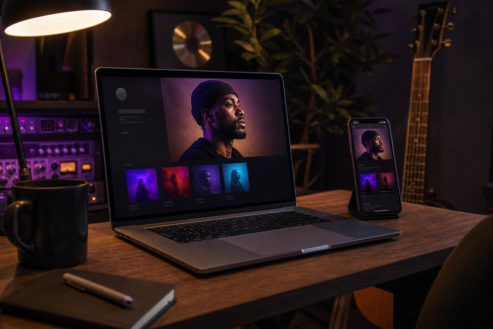 Laptop and smartphone displaying a polished recording artist profile with portrait and album artwork tiles