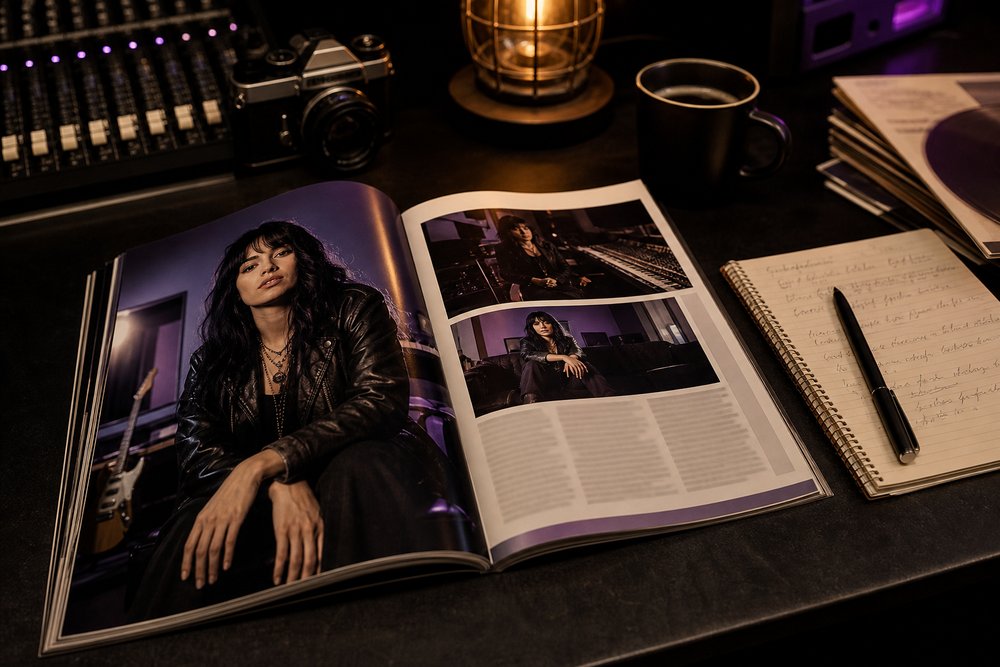 An open glossy music magazine with editorial portrait photography beside interview notes on a dark studio desk