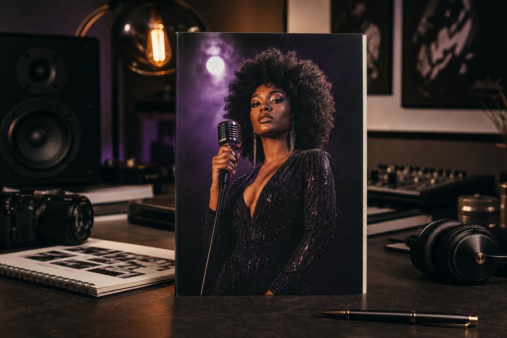 A premium music magazine cover mockup featuring a confident Black female singer in a spotlight, upright on an editorial desk