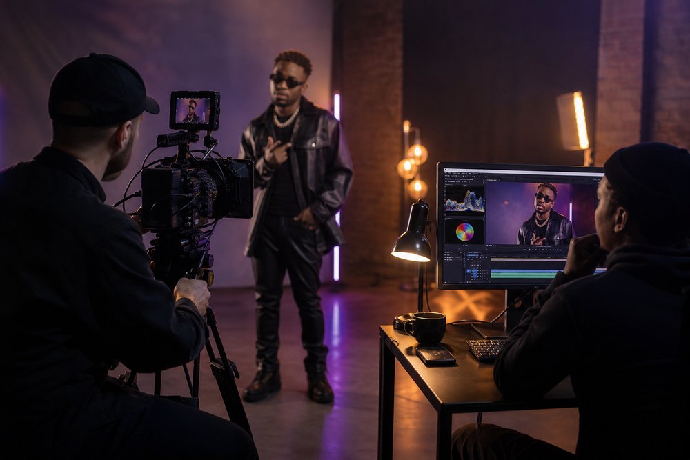 A professional cinema camera filming a Black performer on a music video set with a nearby video editing monitor