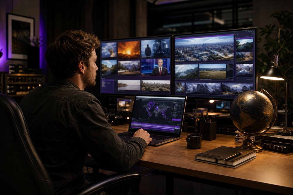 A media distribution workstation with multiple abstract news windows and a globe beside a laptop