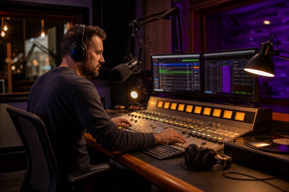 Professional radio automation mixing desk with glowing broadcast meters and headphones in an intimate radio studio