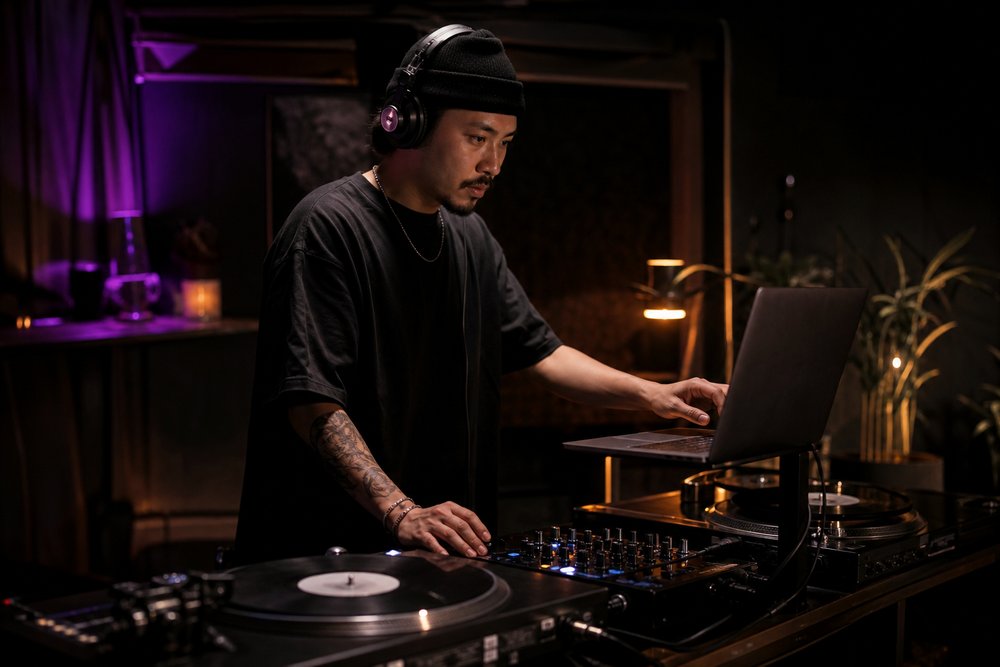 A DJ selecting digital tracks beside professional turntables and a laptop in a dark music booth
