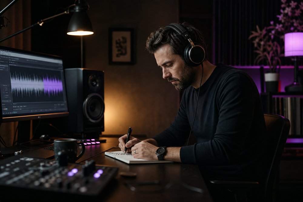 A music reviewer listening intently with studio headphones and writing feedback beside an audio waveform