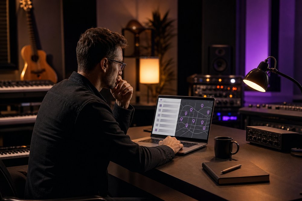 An analyst reviewing an abstract search results interface with a local map and location pins on a laptop