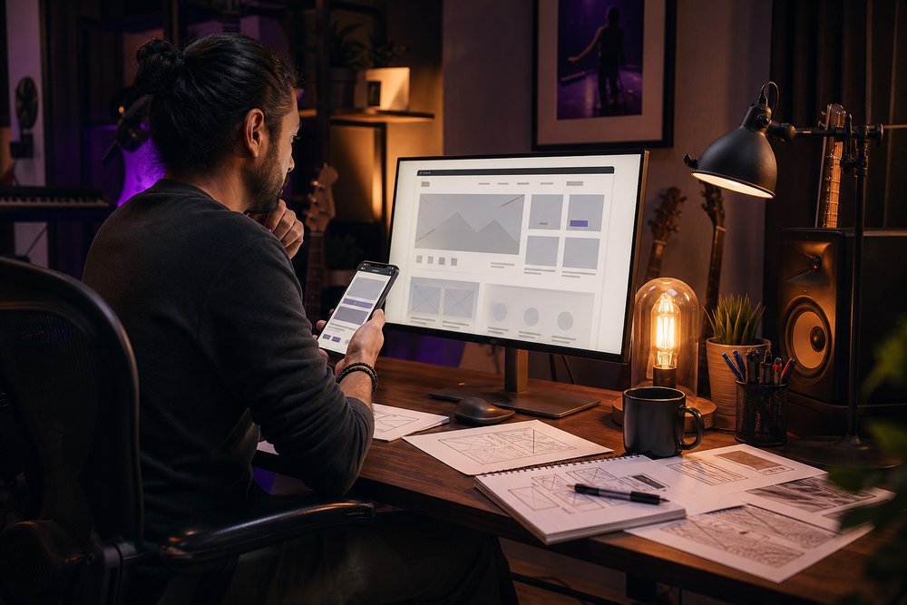 A web designer creating a beautiful website across a desktop monitor and mobile device with wireframe sketches