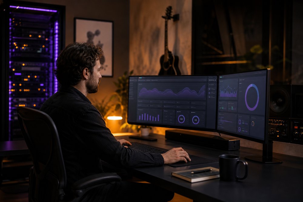 A website administrator at a clean workstation with an abstract site health dashboard and softly glowing server lights