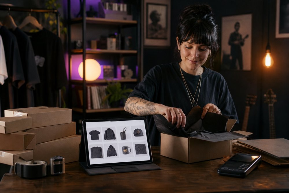 A boutique online store on a tablet beside neatly packed merchandise boxes and a small payment terminal