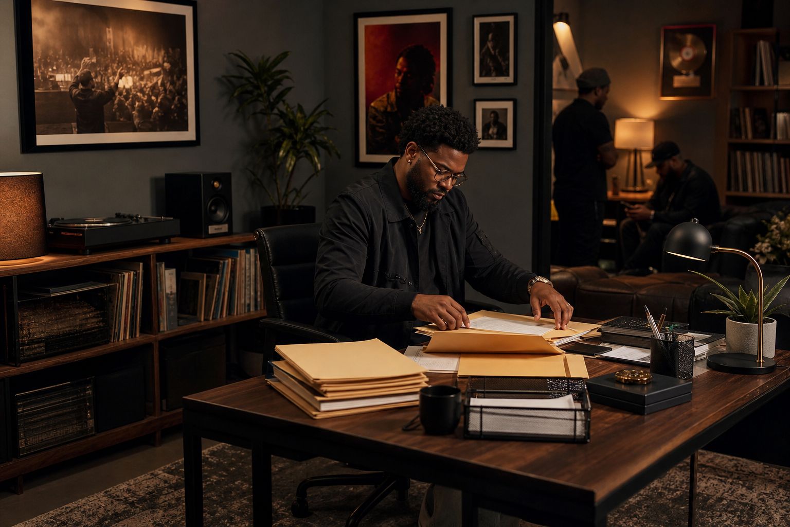 Artist manager organizing release folders and contact notes at a studio desk