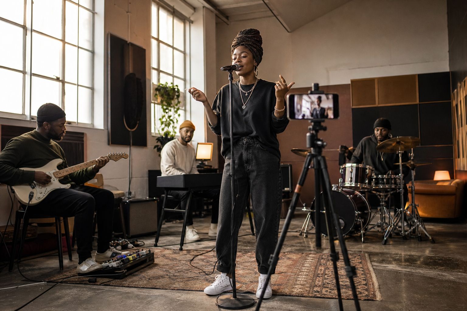 Musician recording a vertical performance on a smartphone
