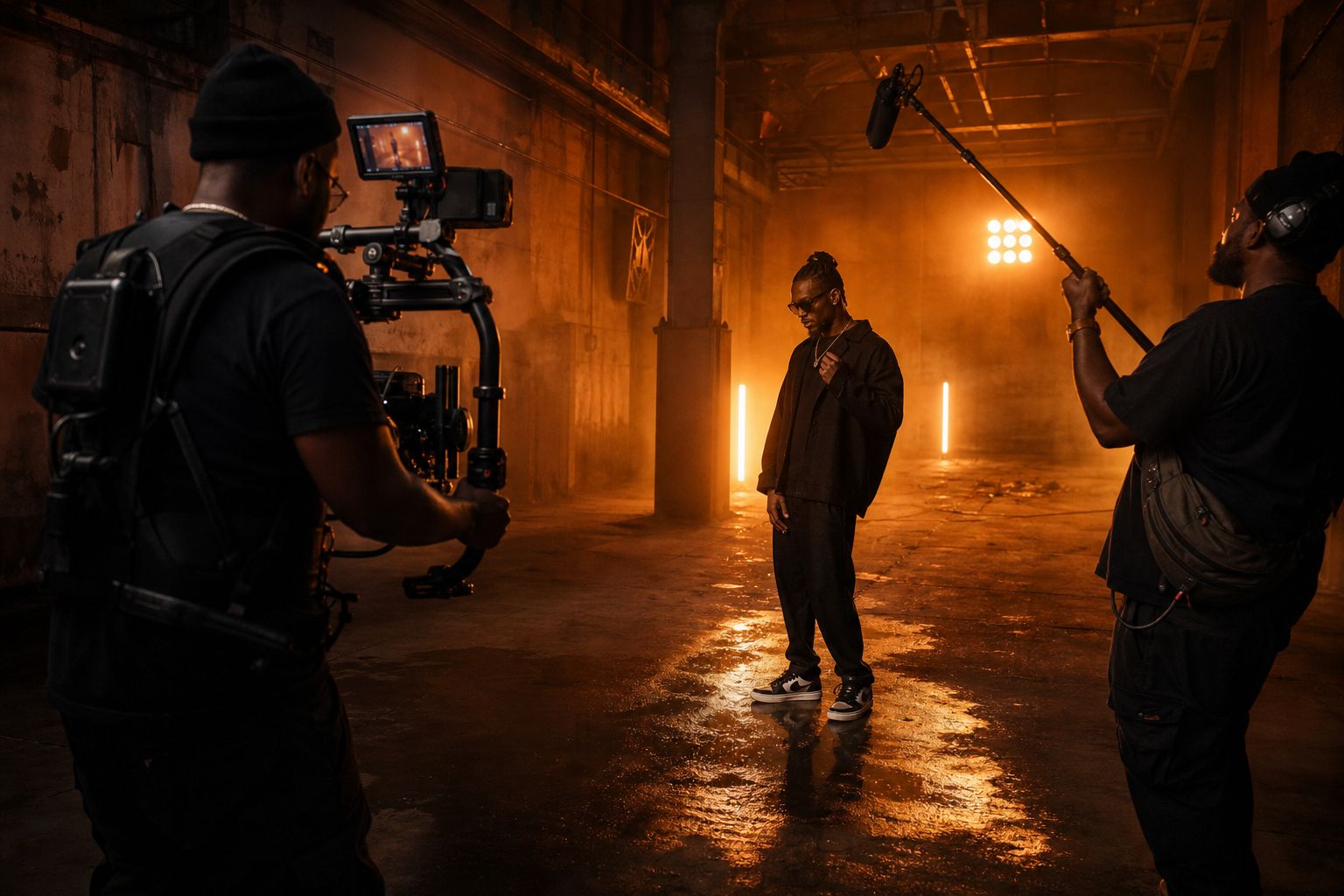 Camera crew filming a vocalist for a music video