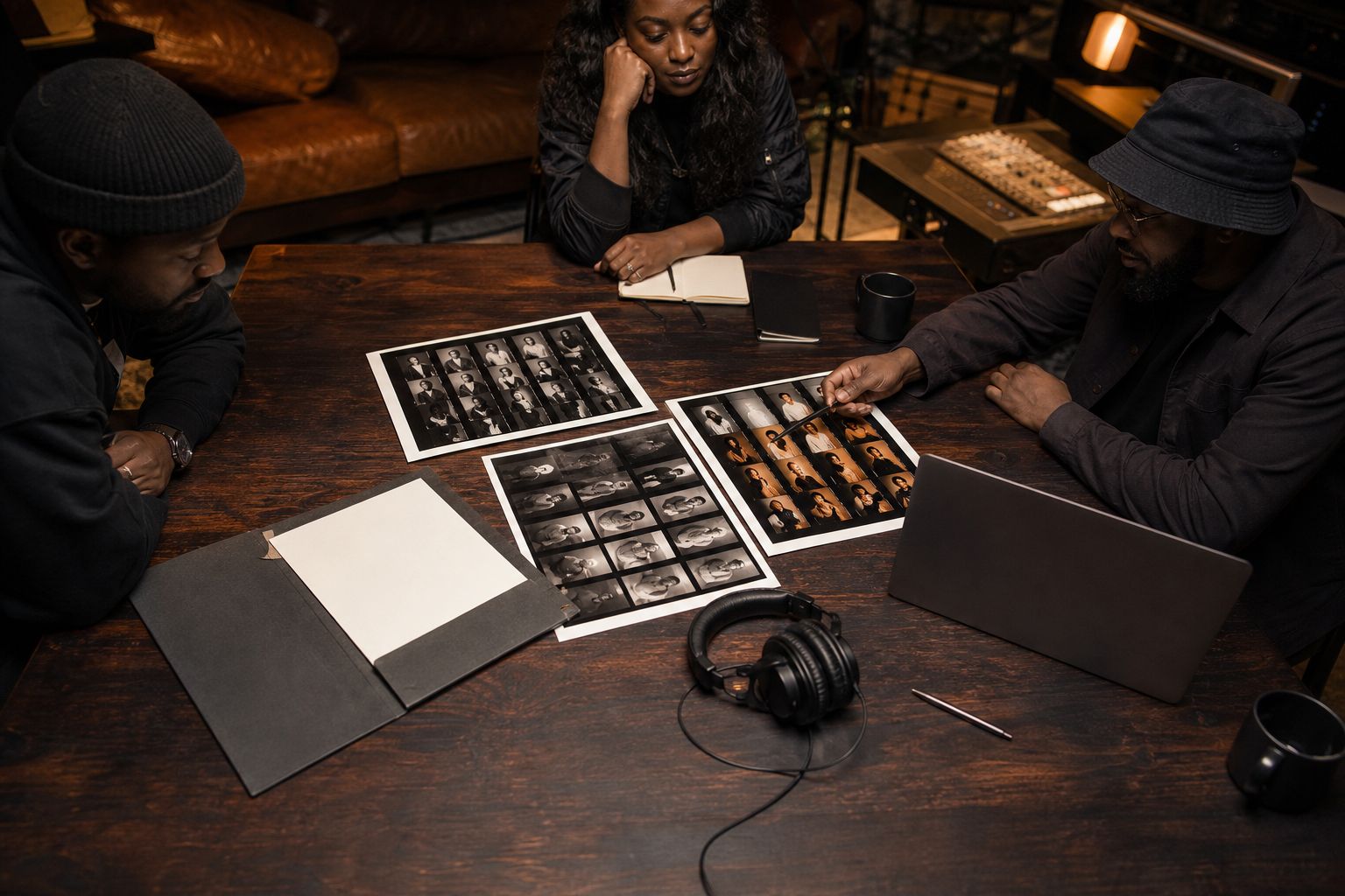 Artist portraits and release materials arranged for a press kit
