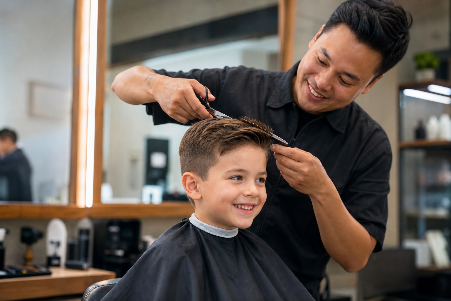 Child receiving a haircut at Woody’s