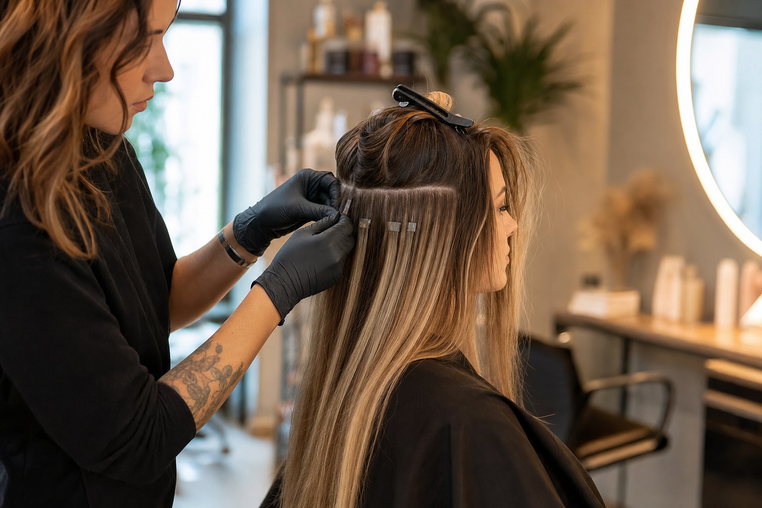 Professional stylist installing hair extensions at Woody’s