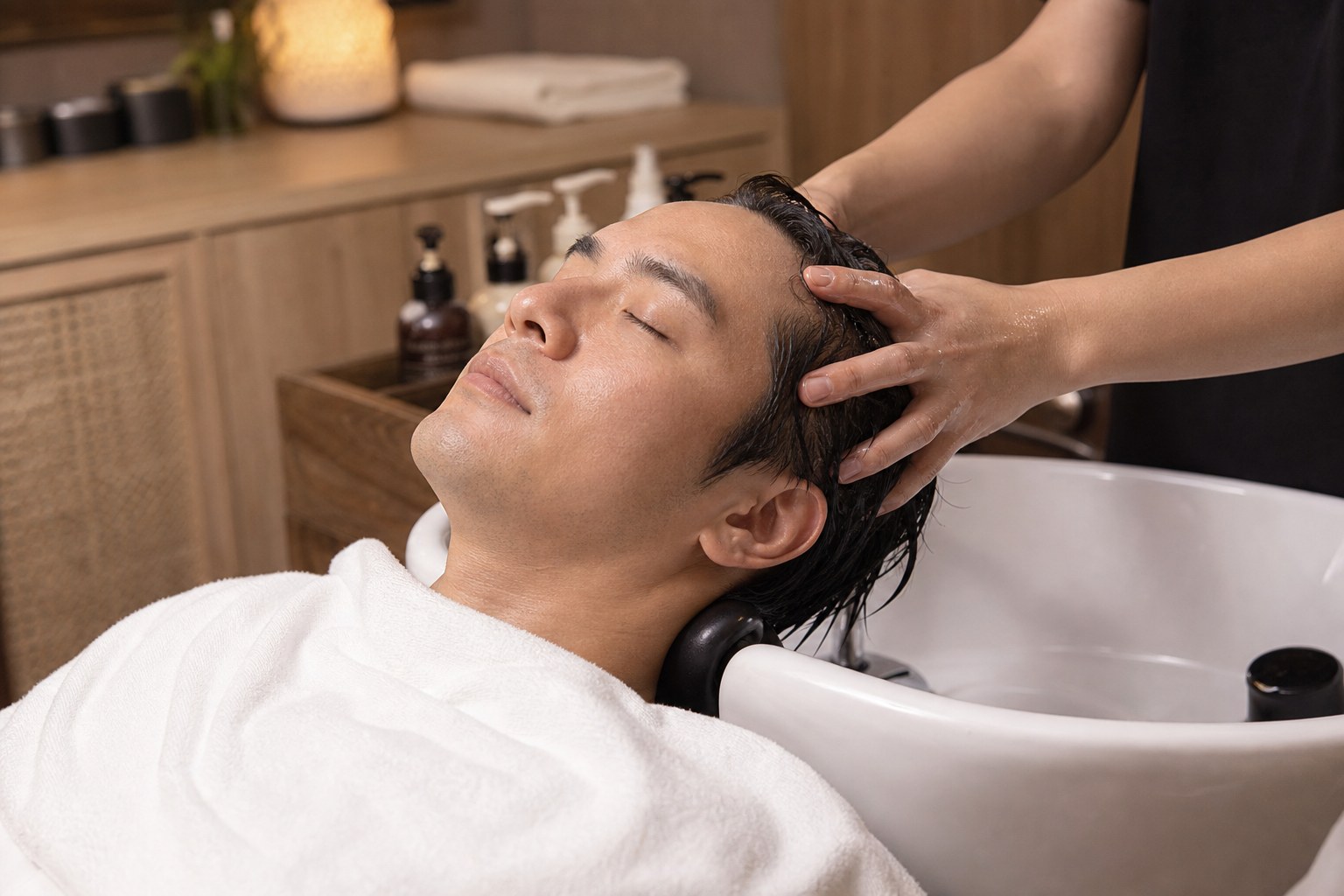 Relaxing scalp massage during a Head Spa treatment at Woody’s
