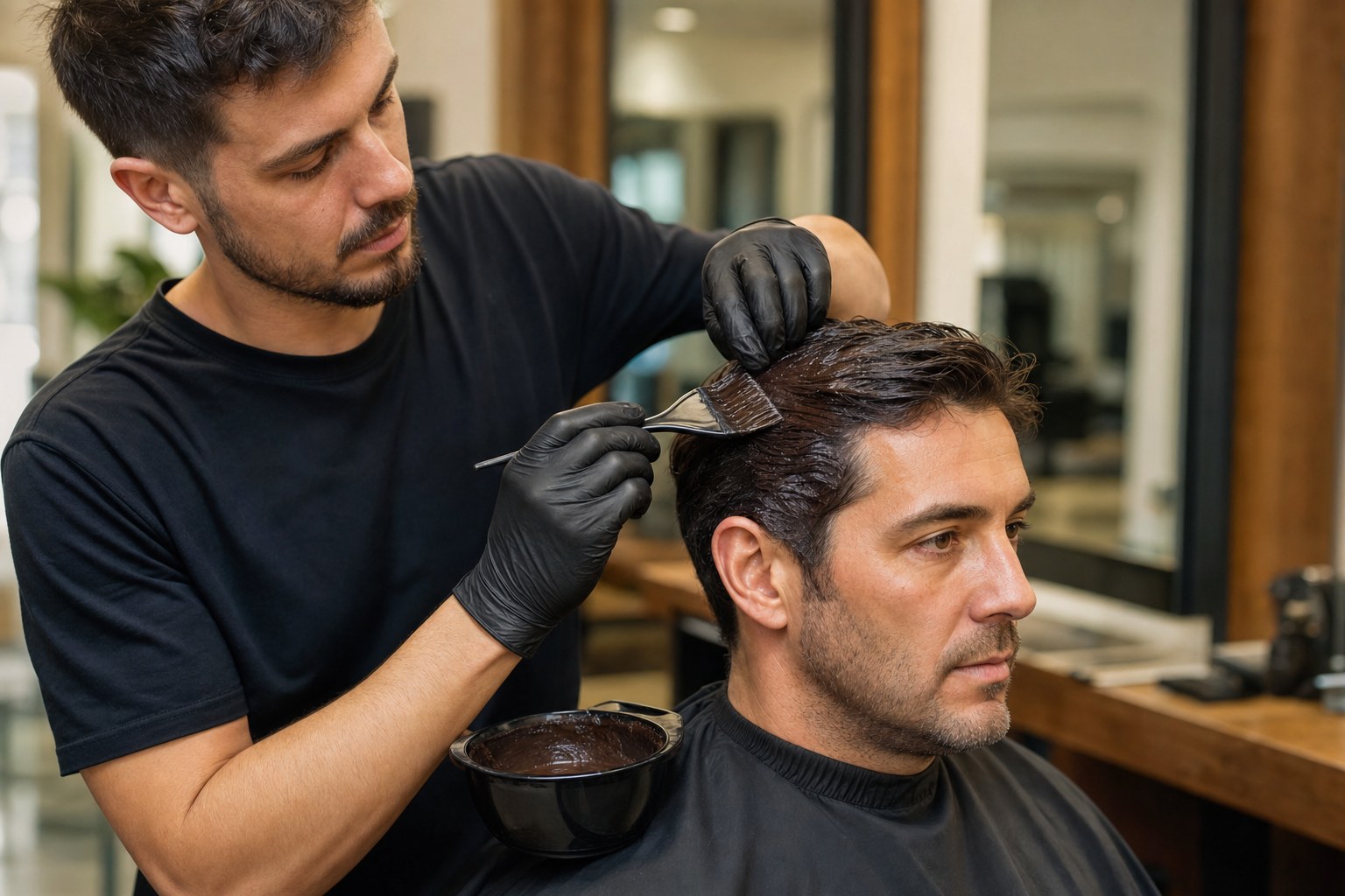 Professional hair color application at Woody’s Barber Shop