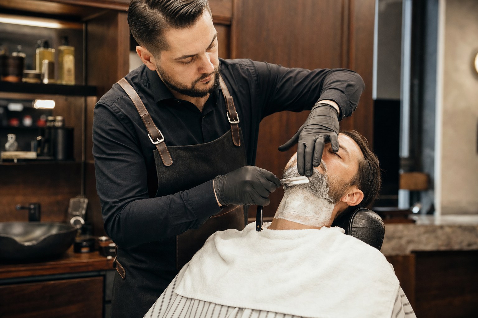 Traditional straight-razor beard service at Woody’s