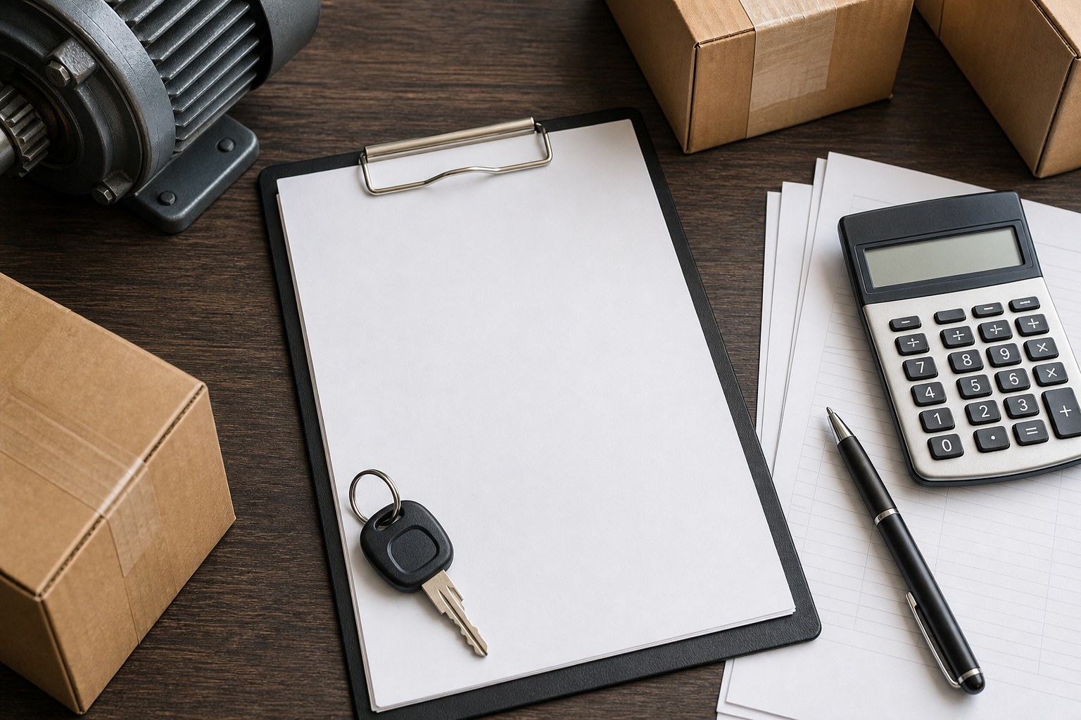 Equipment, inventory boxes, calculator, and blank paperwork arranged on a desk