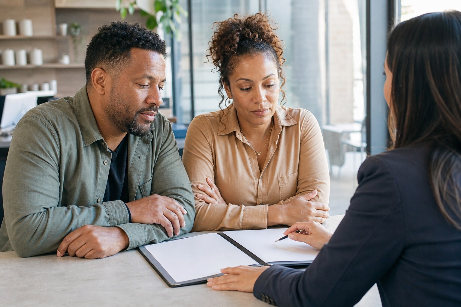 Business owners having a careful conversation over blank documents at a table