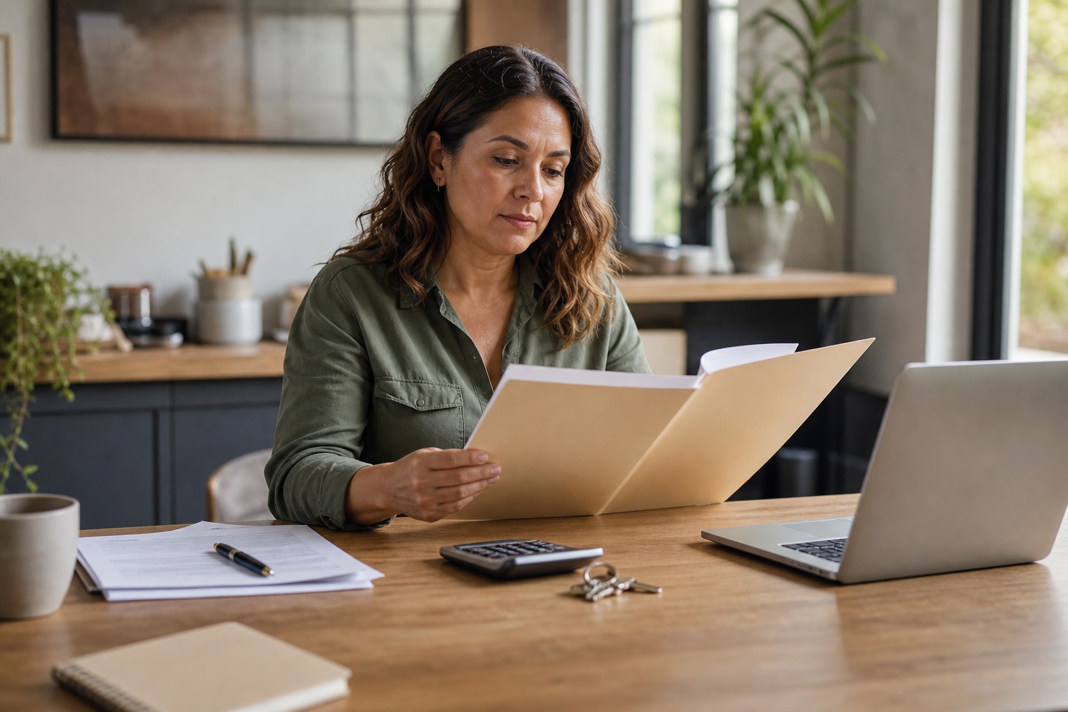 Small business owner reviewing a folder at a desk