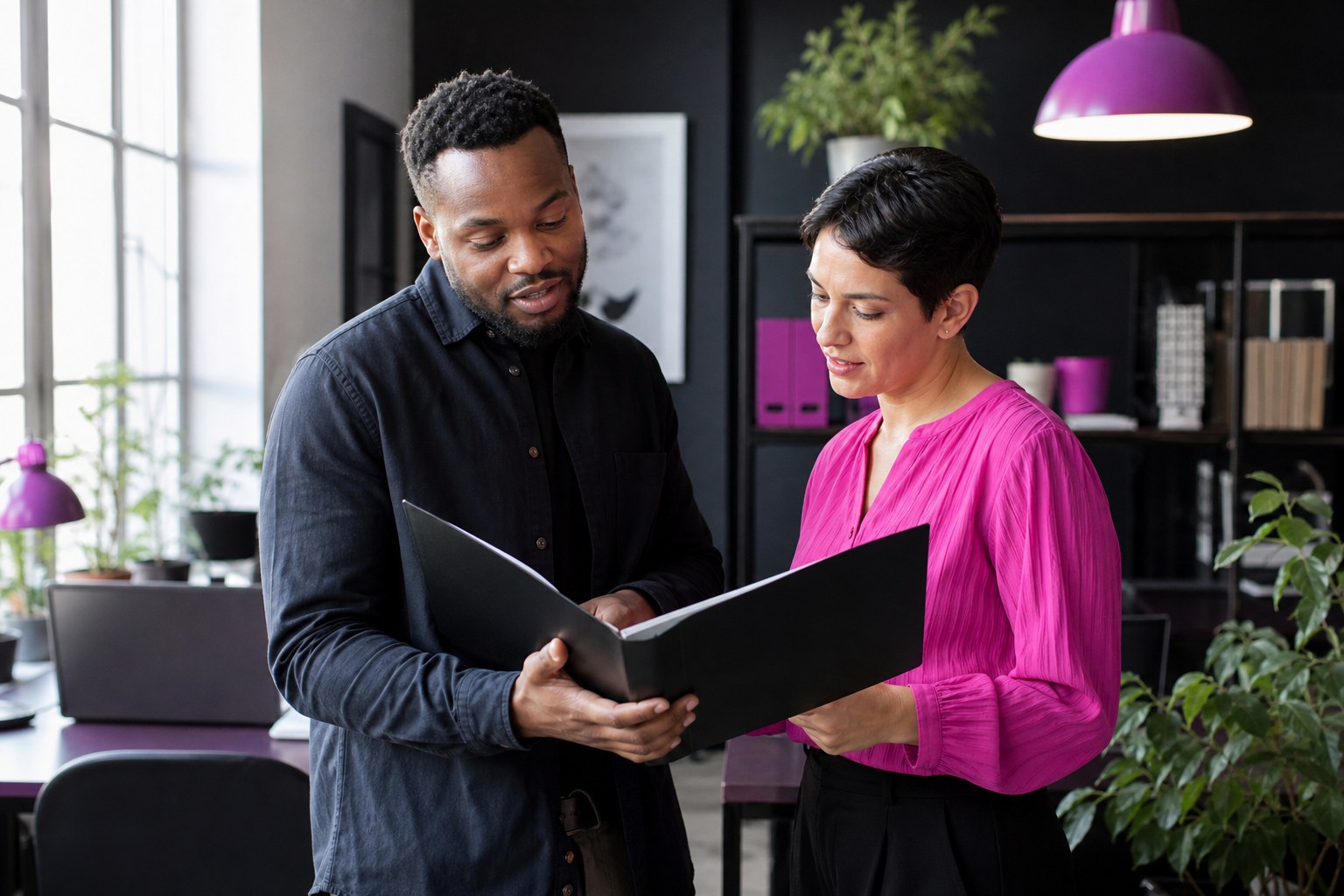 Two small business owners reviewing a document folder together