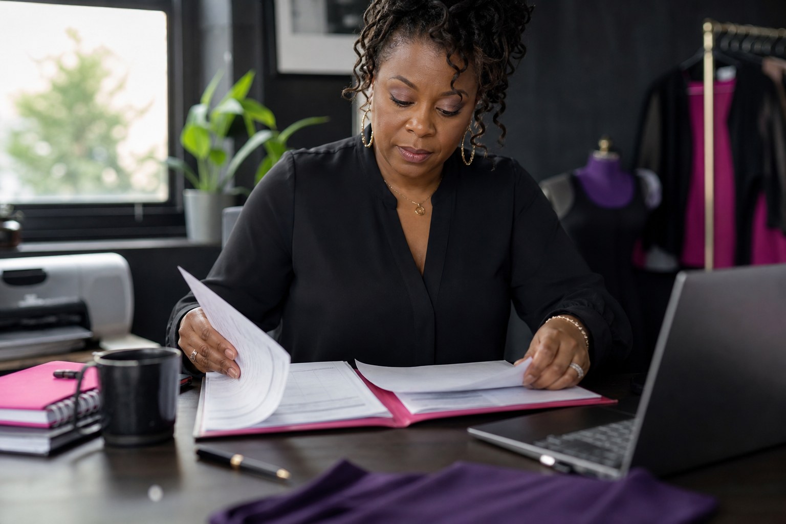 Small business owner organizing business records at a desk
