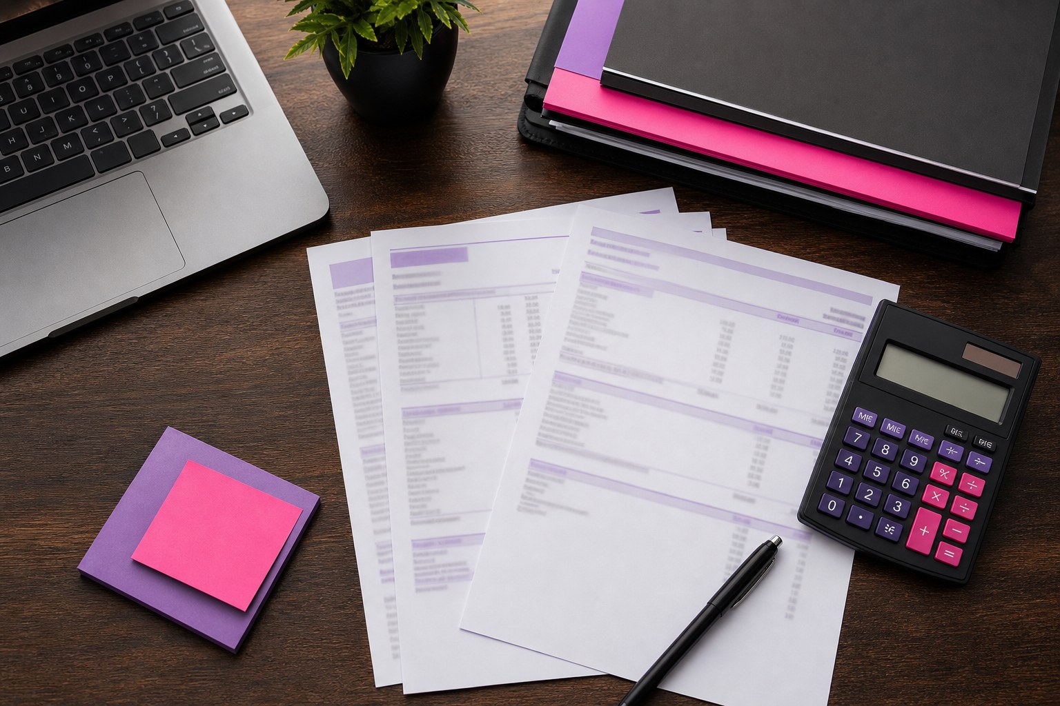 Organized business records, calculator, folder, and laptop on a desk