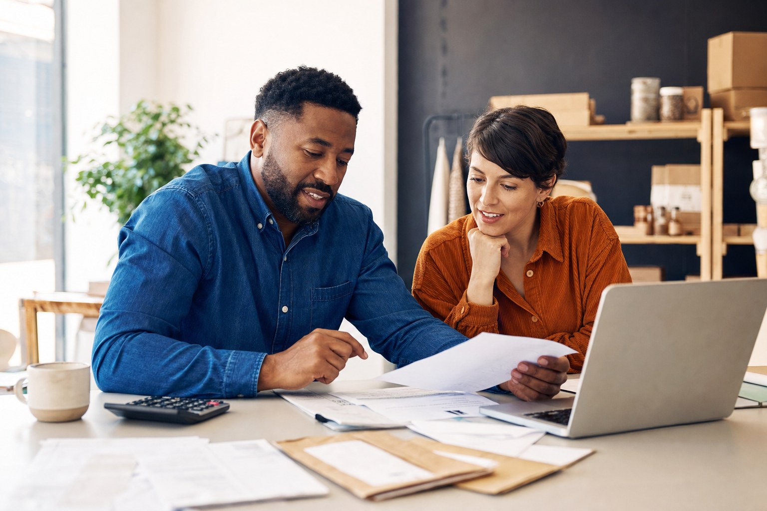 Business owners reviewing financial documents