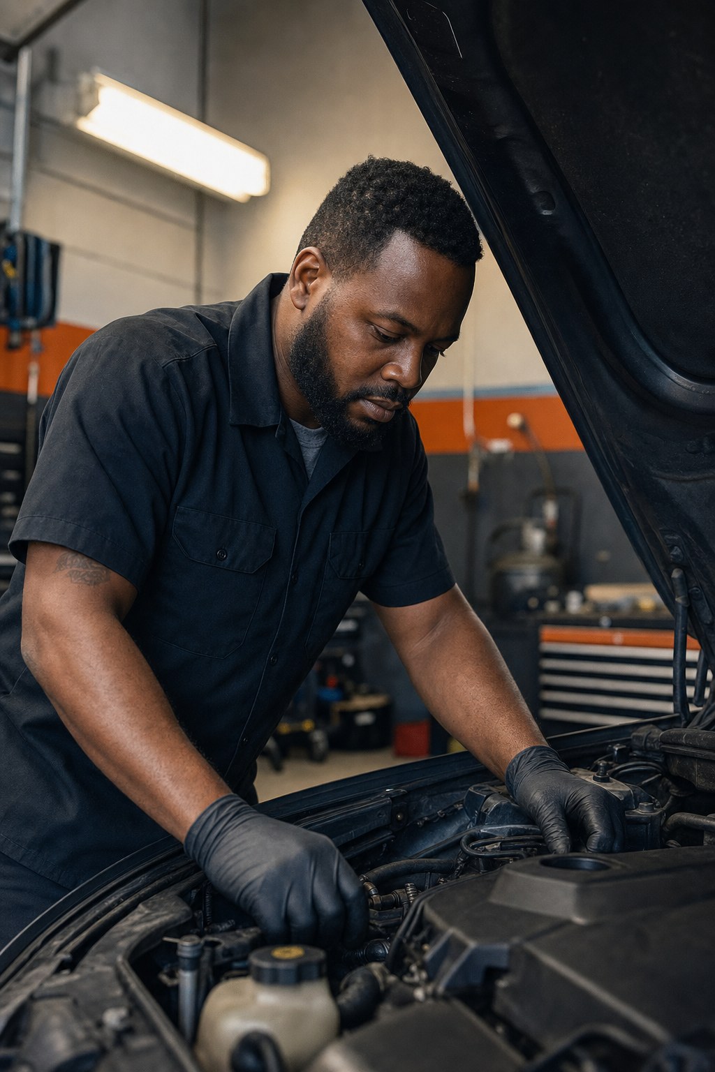Technician working on an open car engine