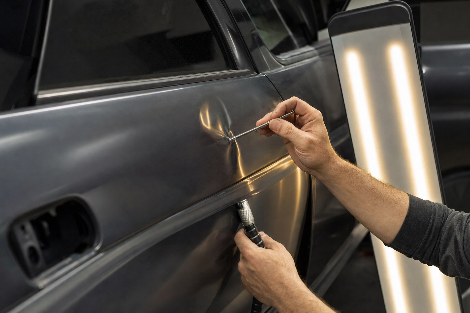 Technician using a precision tool and reflection board on a vehicle door