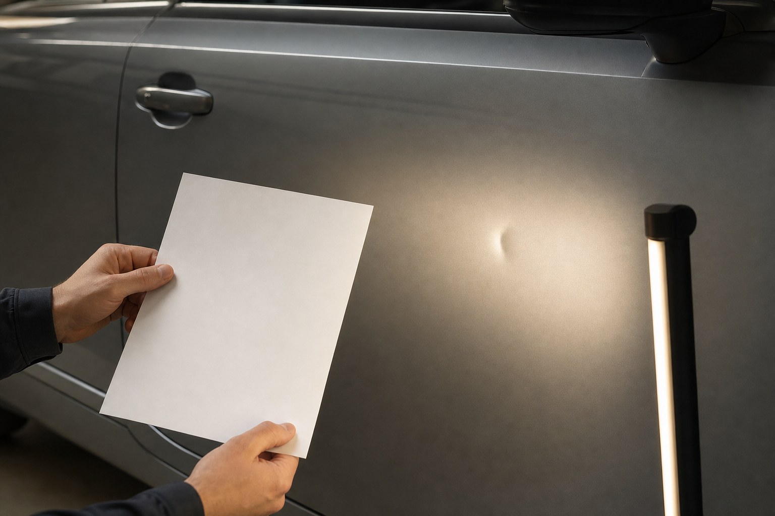 Vehicle door being evaluated beside a blank written estimate