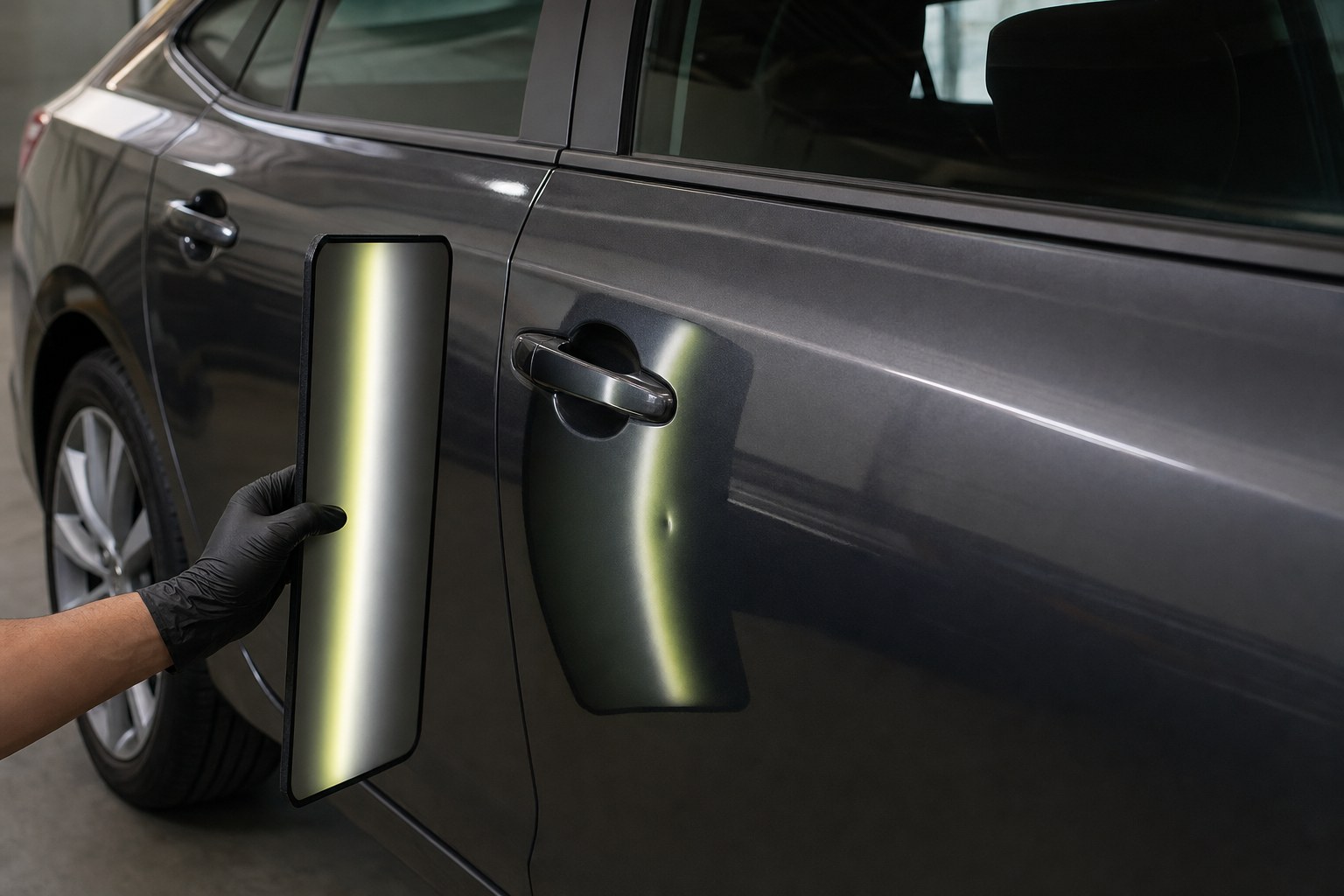 Technician inspecting a small door ding with a reflection board